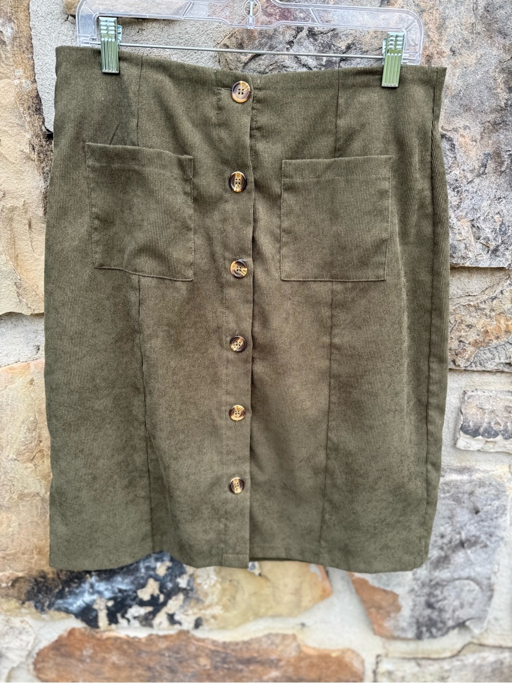 Olive Green Corduroy Button-Front Skirt Medium Utility Neutral Cottagecore